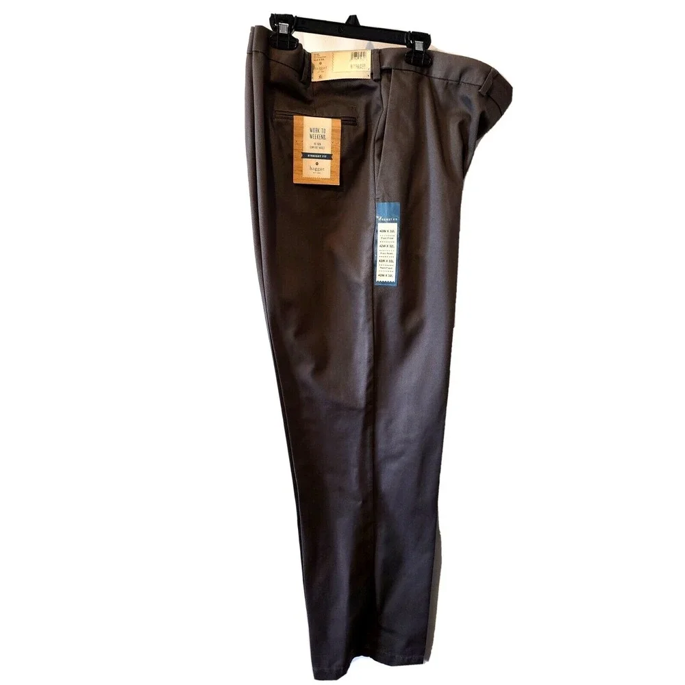 Haggar Khaki Pants Men's Straight Fit Size 42WX32L Comfort Waist Plain front New